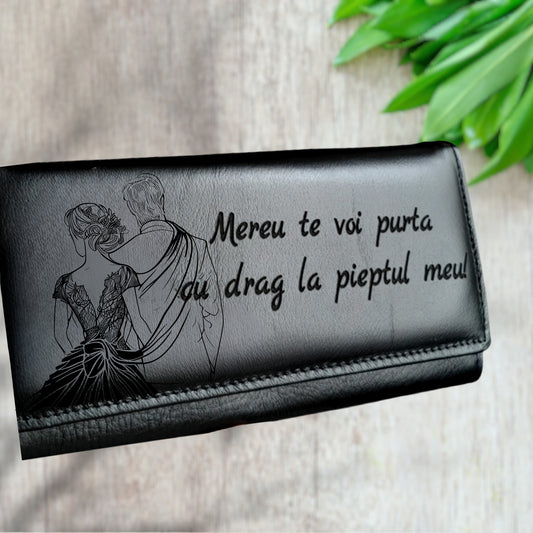 Portofel Dama din Piele Gravat Negru